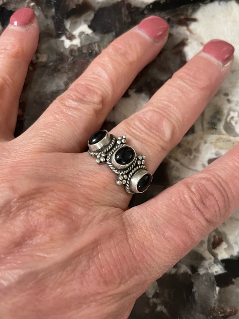 Sterling Silver 925 Southwestern Style Black Onyx Triple Stone Ring Size 7 - Picture 4 of 10